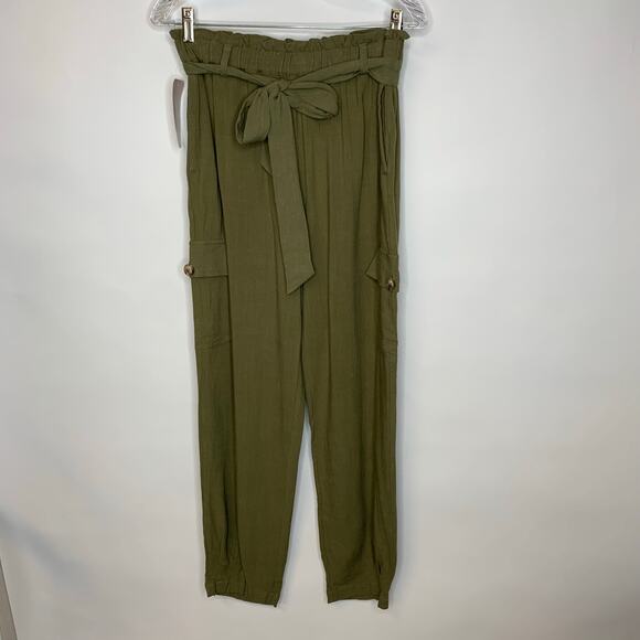 Loveriche Army GreenLinen Pants PaperBag Waist Sz Large - Picture 2 of 7